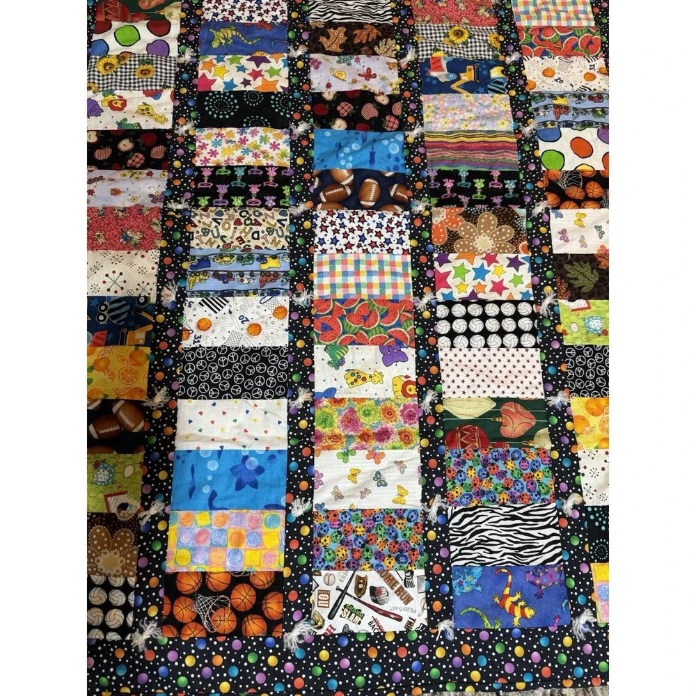 Handmade Patchwork‎ Tied Quilt Multi Pattern Sports Animals Woodland Backing